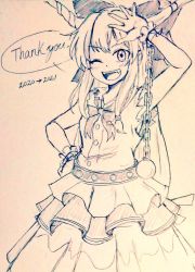 Rule 34 | 1girl, bow, breasts, commentary request, d-m (dii emu), english text, eyelashes, greyscale, hair bow, hand on own hip, horns, ibuki suika, long hair, monochrome, one eye closed, oni horns, shirt, skirt, sleeveless, sleeveless shirt, small breasts, speech bubble, touhou, traditional media