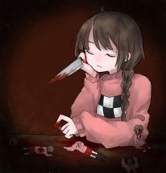 Rule 34 | 6+girls, ahoge, arm up, arms up, black socks, blood, blood on face, blood on hands, bloody knife, bloody weapon, blush, bored, braid, brown hair, closed eyes, closed mouth, corpse, dark, death, decapitation, denkai 461, guro, hand on another&#039;s cheek, hand on another&#039;s face, hand on own stomach, hand up, head rest, headless, highres, holding, holding knife, hole in face, injury, knee blush, kneehighs, knife, long hair, long sleeves, lying, madotsuki, miniskirt, multiple girls, no nose, nose blush, on back, on stomach, pink sweater, pleated skirt, pool of blood, puffy long sleeves, puffy sleeves, red background, red skirt, single braid, sitting, skirt, sleeves past wrists, socks, sweater, table, torture, weapon, yume nikki