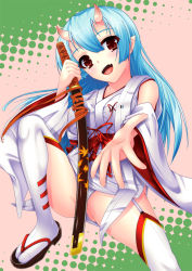 Rule 34 | 1girl, :d, ass, bad id, bad pixiv id, blue hair, breasts, brown eyes, detached sleeves, highres, holding, holding sword, holding weapon, horns, japanese clothes, katana, large breasts, long hair, looking at viewer, miko, oni, oniku (kusomushi onick), open mouth, original, panties, sandals, sheath, sheathed, smile, solo, sword, teeth, thighhighs, tongue, underwear, weapon, white panties, white thighhighs