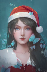 Rule 34 | 1girl, artist name, blue background, blue butterfly, blue eyes, brown hair, bug, butterfly, christmas, collar, collarbone, collared shirt, commentary, english commentary, eye glitter, fur-trimmed headwear, fur collar, fur trim, hat, insect, light blush, lipstick, long hair, makeup, mina fz., original, parted lips, pom pom (clothes), realistic, red hat, red lips, red shirt, santa hat, shirt, snowflakes, snowing, solo, straight-on, thick eyebrows, upper body, white collar