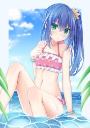 Rule 34 | 1girl, bare shoulders, bikini, blue eyes, blue hair, blush, cloud, collarbone, day, dot nose, female focus, long hair, looking at viewer, navel, open mouth, original, outdoors, sitting, sky, solo, swimsuit, water, wet