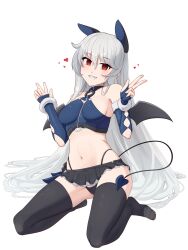 Rule 34 | 1girl, ajidot, arknights, bare shoulders, black panties, black skirt, black thighhighs, black wings, blue gloves, breasts, character request, check character, commentary request, demon girl, demon tail, demon wings, double w, fingerless gloves, gloves, grey hair, grin, hair between eyes, hands up, heart, highleg, highleg panties, highres, korean commentary, long hair, looking at viewer, medium breasts, miniskirt, navel, no shoes, panties, pleated skirt, red eyes, simple background, skirt, smile, solo, specter (arknights), specter the unchained (arknights), tail, thighhighs, underwear, very long hair, w, white background, wings