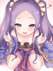 Rule 34 | 1girl, :d, bad id, bad pixiv id, bare shoulders, blush, breasts, breasts apart, chinese clothes, collarbone, commentary request, eyelashes, fate/grand order, fate (series), forehead, half-closed eyes, hands up, hanfu, heart, long hair, long sleeves, looking at viewer, open mouth, purple eyes, purple hair, raised eyebrows, shawl, sitting, small breasts, smile, solo, twintails, very long hair, wariza, wide sleeves, wu zetian (fate)