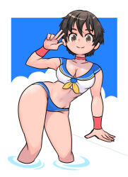 Rule 34 | 1girl, absurdres, adapted costume, bikini, breasts, brown hair, choker, closed mouth, commentary request, highres, kasugano sakura, looking at viewer, medium breasts, midriff, navel, okera, partially submerged, red choker, red wristband, sailor bikini, sailor collar, school uniform, serafuku, short hair, smile, solo, standing, street fighter, street fighter zero (series), swimsuit, thighs, w