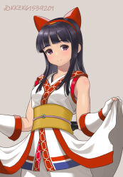Rule 34 | 1girl, ainu clothes, artist name, black hair, breasts, clothes lift, fingerless gloves, gloves, hair ribbon, highres, legs, lifted by self, long hair, looking at viewer, nakoruru, pants, purple eyes, ribbon, samurai spirits, small breasts, smile, snk, solo, the king of fighters, the king of fighters xv, thighs