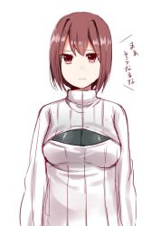 Rule 34 | 10s, 1girl, bad id, bad twitter id, breasts, brown hair, cleavage cutout, clothing cutout, hyuuga (kancolle), jpeg artifacts, kantai collection, looking at viewer, meme attire, open-chest sweater, pink eyes, ribbed sweater, short hair, sketch, solo, sweater, turtleneck, uiroutsuji yumihiko, upper body
