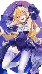 Rule 34 | 1girl, armpits, blonde hair, detached sleeves, dress, eyepatch, fischl (genshin impact), genshin impact, gotou (nekocat), highres, long hair, long sleeves, looking at viewer, official alternate costume, open mouth, purple dress, red eyes, single leg pantyhose, smile, solo, thighhighs, tiara, white thighhighs