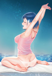 Rule 34 | 1girl, absurdres, arms up, ass, back, barefoot, blue hair, breasts, butt crack, closed eyes, feet, full body, hair ornament, highres, medium breasts, open mouth, original, panties, qizhu, short hair, sitting, sky, sleeveless, soles, solo, star (sky), starry sky, stretched limb, toes, underwear, wariza, white panties, yawning