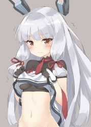 Rule 34 | 10s, 1girl, blush, breasts, brown eyes, closed mouth, clothes lift, collarbone, cowboy shot, dress, dress lift, eyebrows, fingerless gloves, gloves, grey background, grey hair, hair ribbon, headgear, kani biimu, kantai collection, lifting own clothes, long hair, looking at viewer, murakumo (kancolle), murakumo kai ni (kancolle), navel, necktie, no panties, red necktie, red ribbon, ribbon, sidelocks, simple background, small breasts, solo, stomach, strapless, strapless dress, sweat, trembling, tress ribbon, underboob, white gloves