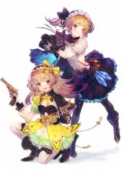 Rule 34 | 2girls, :d, atelier (series), atelier lydie &amp; suelle, belt, belt pouch, benitama, black pantyhose, black skirt, blonde hair, blunt bangs, boots, bow, breasts, brown belt, brown collar, brown footwear, cleavage, collar, commentary request, crystal, dress, dual wielding, frilled hairband, frilled skirt, frills, full body, gun, hair bow, hairband, highres, holding, holding gun, holding weapon, long hair, looking at viewer, lydie marlen, multiple girls, neck ribbon, on one knee, open mouth, pantyhose, pink eyes, pink ribbon, pouch, puffy short sleeves, puffy sleeves, red eyes, ribbon, shirt, short sleeves, siblings, side ponytail, sideboob, sideless outfit, sisters, skirt, small breasts, smile, standing, suelle marlen, twins, weapon, white shirt, yellow bow, yellow dress, yellow ribbon