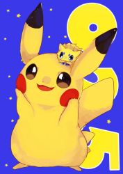Rule 34 | :3, animal focus, arms up, bad id, bad pixiv id, banchiku, blue background, blue eyes, blush stickers, brown eyes, creatures (company), full body, game freak, gen 1 pokemon, gen 5 pokemon, hands on own cheeks, hands on own face, happy, joltik, jpeg artifacts, looking up, nintendo, no humans, on head, open mouth, pikachu, pokedex number, pokemon, pokemon (creature), pokemon on head, simple background, smile, standing, star (symbol), starry background