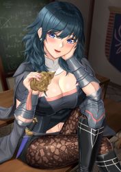 Rule 34 | 1girl, absurdres, armor, bench, black armor, black cape, black footwear, black shirt, black shorts, blouse, blue eyes, blue hair, blush, boots, breasts, brown pantyhose, byleth (female) (fire emblem), byleth (fire emblem), cape, chalkboard, cleavage, clothing cutout, commentary request, cowboy shot, crossed legs, dagger, elbow on knee, emblem, fire emblem, fire emblem: three houses, hair between eyes, hand on own cheek, hand on own face, hands up, head tilt, high heel boots, high heels, highres, indoors, knee boots, knee pads, knife, lace, lace-trimmed legwear, lace trim, large breasts, lips, looking at viewer, medium hair, navel, navel cutout, nemunemu semi, nintendo, pantyhose, pantyhose under shorts, parted lips, patterned clothing, print pantyhose, shadow, sheath, sheathed, shirt, short shorts, short sleeves, shorts, shoulder armor, sidelocks, single knee pad, sitting, smile, solo, table, taut clothes, taut shirt, vambraces, wall, weapon