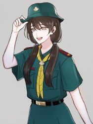 Rule 34 | 1girl, adjusting clothes, adjusting headwear, belt, brown eyes, brown hair, commentary, english commentary, epaulettes, green hat, green jacket, green skirt, hat, highres, jacket, long hair, maybecrosswise, open mouth, original, police, police uniform, policewoman, skirt, smile, solo, twintails, uniform