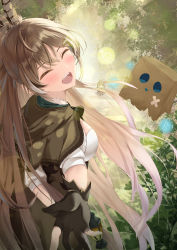 Rule 34 | 1girl, :d, absurdres, ahoge, brown capelet, brown cloak, brown corset, brown hair, cape, capelet, cloak, closed eyes, corset, dappled sunlight, feather hair ornament, feathers, finale, forest, friend (nanashi mumei), gloves, grass, hair ornament, hairclip, highres, hololive, hololive english, lantern, light particles, light rays, long hair, multicolored hair, nanashi mumei, nature, open mouth, partially fingerless gloves, ponytail, reaching, reaching towards viewer, ribbon, runes, shirt, smile, smol mumei, streaked hair, sunlight, teeth, upper teeth only, very long hair, virtual youtuber, white shirt