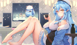 Rule 34 | 1girl, ahoge, bare legs, barefoot, beret, blue coat, blue hair, blue nails, blue skirt, blush, bottle, braid, breasts, closed mouth, coat, commentary, corset, cup, daifuku (yukihana lamy), flower, french braid, full body, fur-trimmed coat, fur trim, hair between eyes, hair flower, hair ornament, half updo, haoni, hat, highres, holding, holding cup, hololive, keyboard, large breasts, legs, light blue hair, long hair, looking at viewer, miniskirt, monitor, multicolored hair, nail polish, open clothes, open coat, patterned background, plantar flexion, plate, pointy ears, sake bottle, shirt, sitting, skirt, sleeveless, sleeveless shirt, smile, snowflake print, streaked hair, symbol-only commentary, table, teacup, thighs, toenail polish, toenails, two-tone hair, virtual youtuber, white hat, white shirt, yellow eyes, yukihana lamy