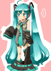 Rule 34 | ..., 1girl, age regression, aqua eyes, aqua hair, child, clothes pull, detached sleeves, hatsune miku, kamidou arashi, long hair, long sleeves, necktie, oversized clothes, shindoh arashi, skirt, skirt pull, solo, thighhighs pull, twintails, very long hair, vocaloid, aged down
