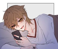 Rule 34 | 1boy, :d, blush, brown eyes, brown hair, cellphone, collarbone, earrings, eyes visible through hair, fang, fushimi gaku, grey background, hair between eyes, holding, holding phone, jewelry, long sleeves, looking at viewer, lying, male focus, mole, mole under eye, nijisanji, on side, open mouth, phone, pillow, ring, shikino yuki, shirt, smile, solo, stud earrings, two-tone background, under covers, virtual youtuber, white background, white shirt
