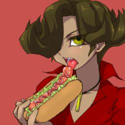 Rule 34 | 1boy, alit, brown hair, dark skin, food, green eyes, hair over one eye, hot dog, jewelry, licking, male focus, necklace, sexually suggestive, solo, teeth, tongue, yu-gi-oh!