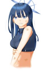 Rule 34 | 1girl, absurdres, bare arms, bare shoulders, black shirt, blue archive, blue eyes, blue hair, blunt bangs, breasts, clenched teeth, commentary, crop top, cropped torso, highres, large breasts, long hair, looking at viewer, midriff, mos (cylin910021), navel, no headwear, saori (blue archive), shirt, simple background, sleeveless, sleeveless shirt, solo, stomach, teeth, upper body, white background