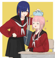 Rule 34 | 2girls, alternate costume, bag, black sailor collar, black skirt, blue eyes, blue hair, blush, border, braid, chair, closed eyes, colored inner hair, commentary request, desk, feet out of frame, hair over shoulder, hand on another&#039;s head, hand on own hip, hand up, highres, holding bento, isshiki (ffmania7), kaf (kamitsubaki studio), kamitsubaki studio, long hair, long sleeves, looking at another, low twin braids, matching outfits, medium hair, multicolored eyes, multicolored hair, multiple girls, neckerchief, object on head, on chair, open mouth, pink hair, pleated skirt, red eyes, red hair, red shirt, rim (kamitsubaki studio), romaji commentary, sailor collar, school bag, school chair, school desk, school uniform, serafuku, shirt, shoulder bag, simple background, sitting, sketch, skirt, smile, standing, twin braids, virtual youtuber, white border, white neckerchief, yellow background, yellow pupils