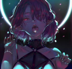 Rule 34 | 1girl, absurdres, black choker, choker, collarbone, cross, dotted line, fingernails, glowing, glowing eyes, highres, long fingernails, o-ring, open mouth, original, pink eyes, plus sign, pointy ears, purple hair, saliva, saliva trail, see-through, short hair, slit pupils, solo, teeth, tongue, tongue out, upper body, upper teeth only, yi cat