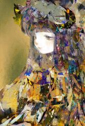 Rule 34 | 1girl, abstract, blunt bangs, commentary, crescent, crescent pin, dress, gustav klimt (style), hat, highres, long hair, mob cap, patchouli knowledge, purple eyes, purple hair, solo, touhou, tsukamoto anabone, upper body, yellow background