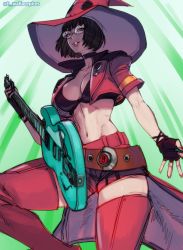 Rule 34 | 1girl, belt, belt buckle, bespectacled, black choker, black hair, blue eyes, boots, breasts, buckle, choker, cleavage, commentary, cropped jacket, electric guitar, english commentary, glasses, guilty gear, guilty gear strive, guitar, hat, highres, holding, holding instrument, i-no, instrument, jacket, large breasts, lips, looking at viewer, loose belt, mole, mole above mouth, navel, plectrum, red footwear, red hat, red jacket, red shorts, rimless eyewear, short hair, shorts, showgirl skirt, solo, thigh boots, thighhighs, wallace pires, witch hat