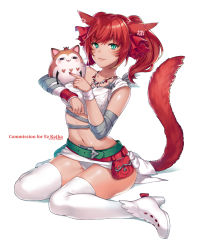 Rule 34 | 10s, 1girl, :3, animal, animal ears, aqua eyes, arm up, artist name, asymmetrical clothes, bandaged arm, bandages, bare shoulders, belt, belt buckle, belt pouch, blouse, boots, borrowed character, bracer, buckle, cat ears, cat tail, closed mouth, collarbone, creature, crop top, facepaint, facial mark, final fantasy, final fantasy xiv, full body, hair ribbon, headpat, heart, highres, holding, holding animal, jewelry, knees together feet apart, lips, long hair, looking at viewer, microskirt, midriff, miniskirt, miqo&#039;te, nagu, nail polish, navel, necklace, panties, pantyshot, pouch, red hair, red nails, red ribbon, ribbon, shiny skin, shirt, simple background, single-shoulder shirt, single strap, sitting, skirt, slit pupils, smile, solo, stomach, tail, thigh boots, thighhighs, tooth necklace, twintails, underwear, upskirt, wariza, warrior of light (ff14), whisker markings, white background, white footwear, white panties, white shirt, white skirt, wristband