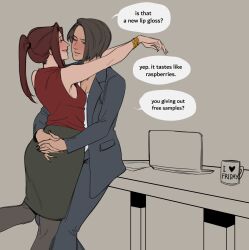 Rule 34 | 2girls, arms around neck, arms around waist, blush, bracelet, claire redfield, coffee mug, commentary, computer, cup, desk, english commentary, english text, female focus, formal, glacier clear, grey background, highres, jewelry, jill valentine, laptop, looking at another, mug, multiple girls, on desk, pencil skirt, resident evil, sitting, on desk, skirt, speech bubble, suit, yuri