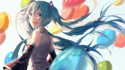 Rule 34 | 1girl, :d, balloon, blue eyes, blue hair, detached sleeves, floating hair, grey shirt, hair between eyes, hair ornament, hatsune miku, highres, long hair, looking at viewer, looking back, open mouth, shirt, sleeveless, sleeveless shirt, smile, solo, tattoo, tsukonin p, twintails, upper body, very long hair, vocaloid