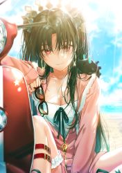 Rule 34 | 1girl, black hair, breasts, cleavage, dangmill, earrings, fate/grand order, fate (series), gugalanna, hair ornament, headlight, highres, hoop earrings, ishtar (fate), ishtar (swimsuit rider) (fate), jacket, jacket over swimsuit, jewelry, long hair, looking at viewer, motor vehicle, parka, red eyes, scooter, solo, sunglasses, sunglasses removed, sweat, swimsuit, thigh strap