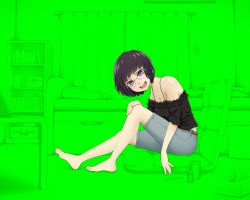 Rule 34 | 1girl, :d, barefoot, bed, black hair, bob cut, commentary, computer, glasses, green screen, green theme, indoors, laptop, off shoulder, open mouth, original, purple eyes, shelf, shorts, sitting, smile, solo, tissue box, yajirushi (chanoma)