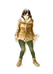 Rule 34 | 1girl, arm support, bad id, bad pixiv id, boots, brown eyes, brown hair, fashion, green pantyhose, jacket, long hair, looking at viewer, pantyhose, pantyhose under shorts, shorts, simple background, sitting, solo, toshinobu40