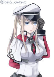 Rule 34 | 1girl, adjusting clothes, adjusting headwear, anchor, arm behind back, bad id, bad pixiv id, black gloves, black ribbon, blonde hair, blue eyes, breasts, capelet, celtic knot, collared shirt, commentary request, covered navel, cross, dress shirt, gloves, graf zeppelin (kancolle), hat, hat tip, high collar, highres, impossible clothes, impossible shirt, iron cross, kantai collection, large breasts, long hair, long sleeves, military, military uniform, necktie, omoomomo, parted lips, peaked cap, red necktie, revision, ribbon, rigging, shirt, short necktie, sidelocks, simple background, solo, twitter username, uniform, upper body, white background, white capelet, white shirt, wing collar