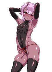 Rule 34 | 1girl, absurdres, armpits, arms up, blush, dark skin, dark-skinned female, elbow gloves, gloves, harigane shinshi, highres, horns, leotard, one eye closed, oni, oni horns, original, pointy ears, red eyes, simple background, solo, standing