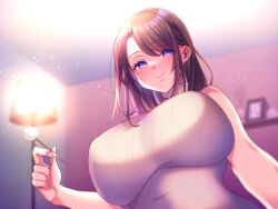 Rule 34 | 1girl, aizawa chihiro, blurry, blurry background, breasts, brown hair, ear cleaning, lamp, lap pov, large breasts, mimikaki, mole, mole under eye, official art, original, picture frame, purple eyes, ribbed shirt, shelf, shirt, sleeveless, sleeveless shirt, sleeveless turtleneck, smile, solo, swept bangs, turtleneck