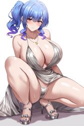 Rule 34 | 1girl, absurdres, azur lane, blue hair, blue nails, blush, breasts, cleavage, closed mouth, collarbone, dress, feet, high heels, highres, jasony, jewelry, large breasts, legs, long hair, looking at viewer, nail polish, necklace, official alternate costume, panties, ponytail, purple eyes, sandals, sidelocks, silver dress, silver footwear, simple background, sitting, smile, solo, st. louis (azur lane), st. louis (luxurious wheels) (azur lane), strappy heels, thighs, toenail polish, toenails, toes, underwear, white background
