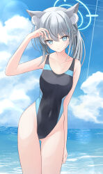Rule 34 | 1girl, animal ear fluff, animal ears, black one-piece swimsuit, blue archive, blue eyes, breasts, competition swimsuit, covered navel, cross hair ornament, extra ears, gluteal fold, grey hair, hair ornament, halo, highleg, highleg swimsuit, highres, horizon, looking at viewer, low ponytail, medium breasts, medium hair, mismatched pupils, multicolored clothes, multicolored swimsuit, ocean, official alternate costume, oi., one-piece swimsuit, shiroko (blue archive), shiroko (swimsuit) (blue archive), solo, standing, swimsuit, thigh gap, two-tone swimsuit, wolf ears