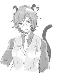 Rule 34 | 1girl, animal ears, blush, collared shirt, greyscale, highres, leopard ears, leopard tail, limbus company, long sleeves, looking at viewer, monochrome, necktie, open mouth, outis (project moon), project moon, shirt, short hair, solo, tail, uchimura (rino0525), upper body, vest