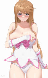 Rule 34 | 1girl, absurdres, ahoge, arm at side, artist name, bare shoulders, blue eyes, bow, breasts, brown hair, cleavage, collarbone, commentary request, covering privates, covering breasts, cowboy shot, detached sleeves, dress, embarrassed, frontal upskirt, hand up, highres, idolmaster, idolmaster million live!, idolmaster million live! theater days, large breasts, long hair, panties, pink bow, short dress, simple background, solo, standing, tearing up, tokoro megumi, tomid, undersized clothes, underwear, very long hair, wavy hair, white background, white dress, white panties