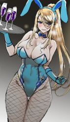 Rule 34 | 1girl, animal ears, blonde hair, blue eyes, blue gloves, breasts, clenched hand, clenched teeth, detached collar, fake animal ears, gloves, gradient background, highres, large breasts, leotard, long hair, metroid, mole, mole under mouth, morimoto kiyona, nintendo, pantyhose, playboy bunny, ponytail, rabbit ears, samus aran, sketch, teeth, tray
