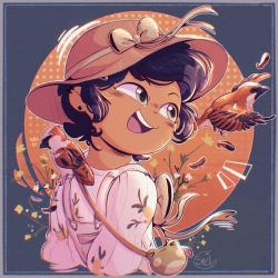 Rule 34 | 1girl, amphibia, back bow, bag, bird, bird request, black hair, bow, earrings, flower, grey bow, grey eyes, grey ribbon, hat, highres, jewelry, marcy wu, open mouth, overalls, shellani, shirt, short hair, shoulder bag, smile, solo, upper body, white overalls, white shirt, yellow flower