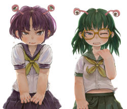 Rule 34 | 2girls, antennae, blush, closed mouth, commentary request, crying, ebimomo, extra eyes, fang, fang out, fangs, glasses, green eyes, green sailor collar, green skirt, highres, looking at viewer, midriff peek, multiple girls, neckerchief, one eye closed, orange-framed eyewear, original, pleated skirt, purple hair, purple sailor collar, purple skirt, sailor collar, school uniform, serafuku, shirt, short hair, short sleeves, simple background, skirt, skirt grab, snot, v arms, white background, white shirt, yellow neckerchief
