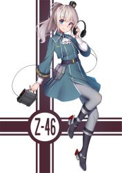 Rule 34 | 1girl, arnold-s, bad id, bad pixiv id, belt, black footwear, blue eyes, boots, character name, full body, grey hair, headphones, knee boots, long hair, looking at viewer, military, military uniform, pantyhose, ponytail, smile, solo, soo, uniform, warship girls r, z46 (warship girls r)