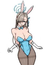 Rule 34 | 1girl, animal ears, asuna (blue archive), asuna (bunny) (blue archive), bare shoulders, blue archive, blue bow, blue bowtie, blue eyes, blue leotard, blue ribbon, bow, bowtie, breasts, brown pantyhose, cowboy shot, detached collar, fake animal ears, gloves, hair over one eye, hair ribbon, halo, large breasts, leotard, light brown hair, long hair, looking at viewer, mole, mole on breast, official alternate costume, pantyhose, playboy bunny, rabbit ears, ribbon, simple background, smile, solo, swept bangs, thighband pantyhose, wabaki, white background, white gloves