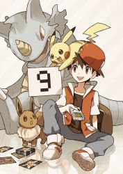 Rule 34 | 1boy, baseball cap, brown fur, brown hair, commentary request, creatures (company), eevee, game boy, game boy (original), game freak, gen 1 pokemon, grey eyes, handheld game console, hat, highres, holding, holding handheld game console, nintendo, noii, open mouth, pants, pikachu, pokemon, pokemon (creature), pokemon rgby, red (pokemon), reflection, rhydon, shoes, short sleeves, sitting, smile, teeth, white footwear