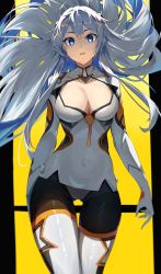 Rule 34 | 1girl, absurdres, ahoge, blue eyes, bodysuit, breasts, cleavage, cleavage cutout, clothing cutout, highres, honkai (series), honkai impact 3rd, kiana kaslana, kiana kaslana (white comet), large breasts, long hair, looking at viewer, open mouth, solo, soranoki, white bodysuit, white hair, yellow background