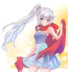 Rule 34 | 1girl, armpits, bare arms, bare shoulders, blue dress, blue eyes, blush, breasts, cloak, closed eyes, cowboy shot, dress, earrings, gradient background, head tilt, highres, hood, hood down, hooded cloak, iesupa, jewelry, long hair, looking at viewer, petticoat, ponytail, purple dress, rwby, sash, scar, scar across eye, scar on face, side ponytail, small breasts, solo, standing, star (symbol), starry background, strapless, strapless dress, tsurime, very long hair, weiss schnee, white hair