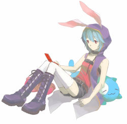 Rule 34 | 01 0219, 10s, animal ears, bad id, bad pixiv id, belt, blue hair, boots, bunny (trickster), cellphone, collar, cross-laced footwear, dress, flat chest, hood, knee boots, lace-up boots, phone, rabbit ears, red eyes, short hair, shorts, sitting, solo, strapless, strapless dress, thighhighs, trickster (ntreev soft), tube dress, white thighhighs