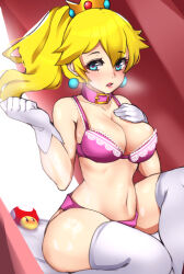Rule 34 | 1340smile, 1girl, bare arms, bare shoulders, blonde hair, blue eyes, bra, breasts, collar, commentary, crown, earrings, gloves, hand on own chest, hands up, highres, large breasts, long hair, mario (series), mini crown, navel, nintendo, pink bra, pink collar, ponytail, princess peach, solo, sphere earrings, stomach, super mario bros. 1, super mushroom, thighhighs, thighs, underwear, underwear only, white gloves, white thighhighs